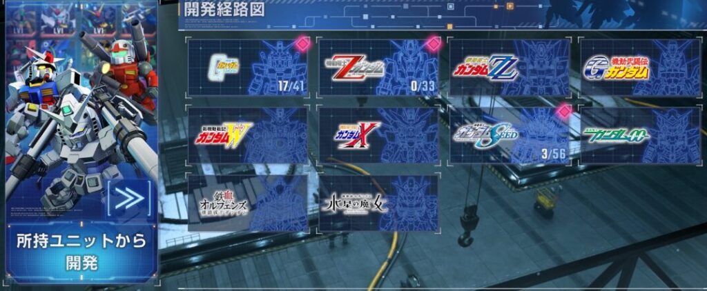 開発経路図をたどりながら機体を育てていく開発画面