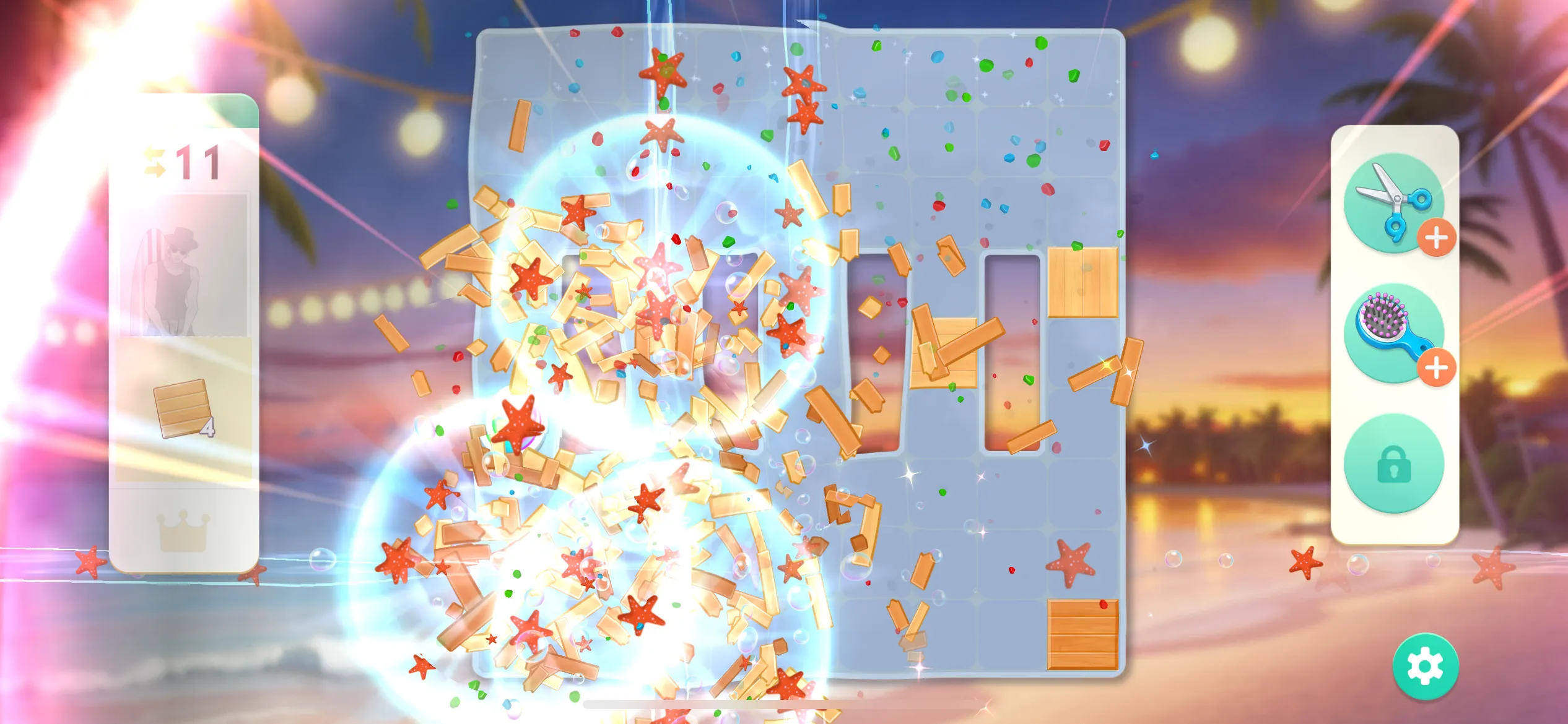 特殊アイテムを使って盤面を一気にクリアする様子
