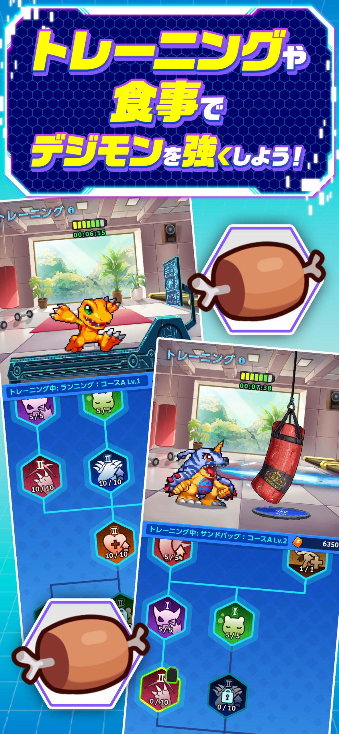「トレーニングや食事でデジモンを強くしよう！」と題した公式イメージ。ジムでランニングに励むアグモンと、サンドバッグに向かうガブモンの画面が並び、食事アイテムの肉のアイコンが重ねられている
