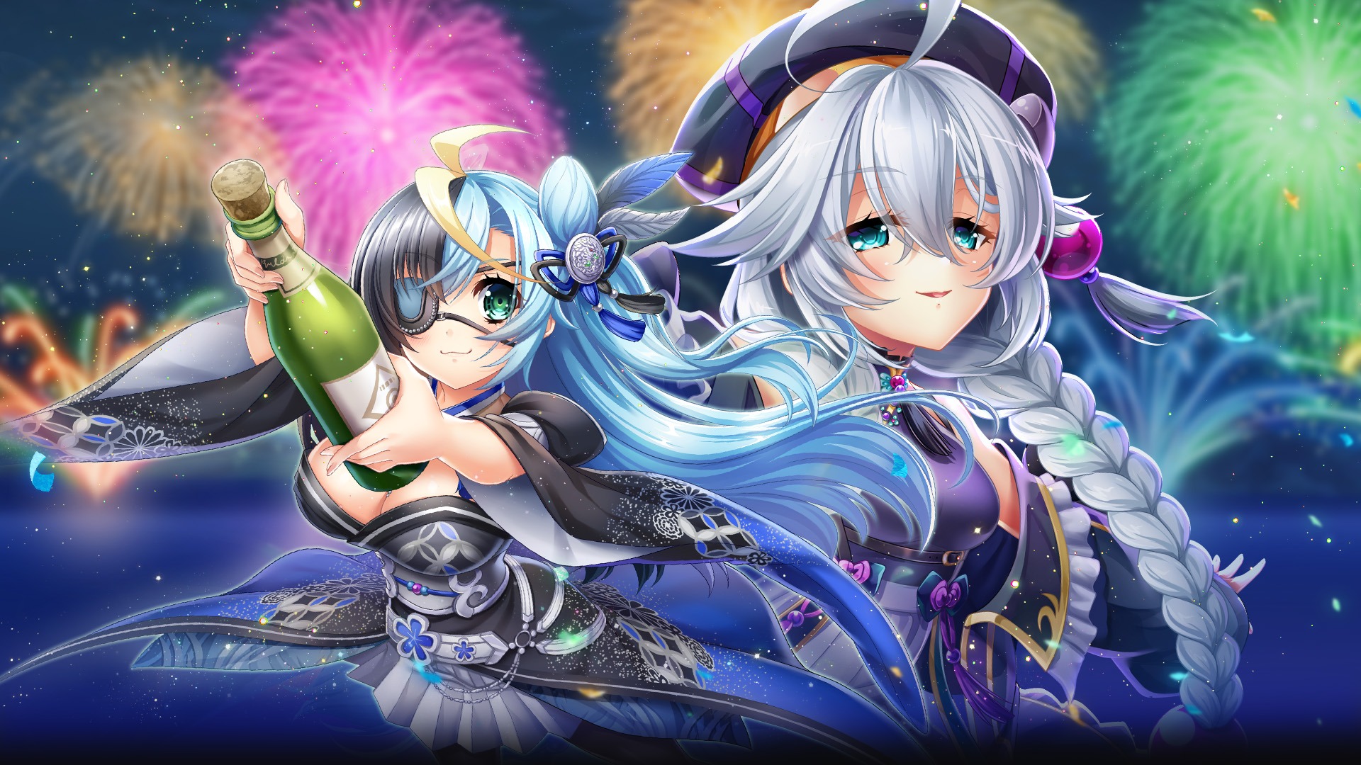 夜空に上がる花火を背景に並ぶ恋姫†大戦のキャラクターイラスト