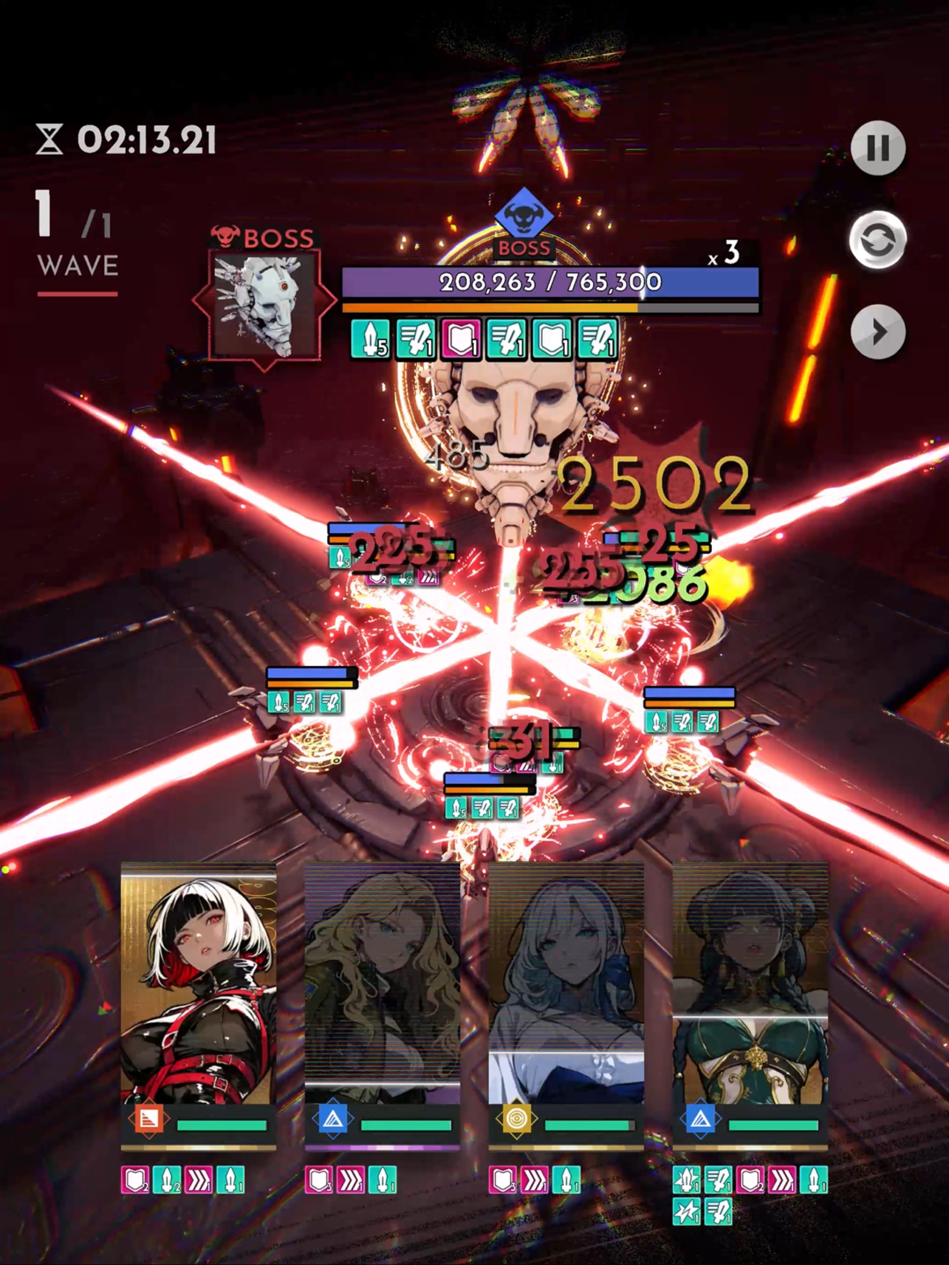 縦画面で進む戦闘の様子を紹介する公式イメージ。残り時間とWAVE表示、ボスの体力ゲージ、回復量を示す緑の数字、画面下部に並ぶ4人分のキャラクター枠が写っている