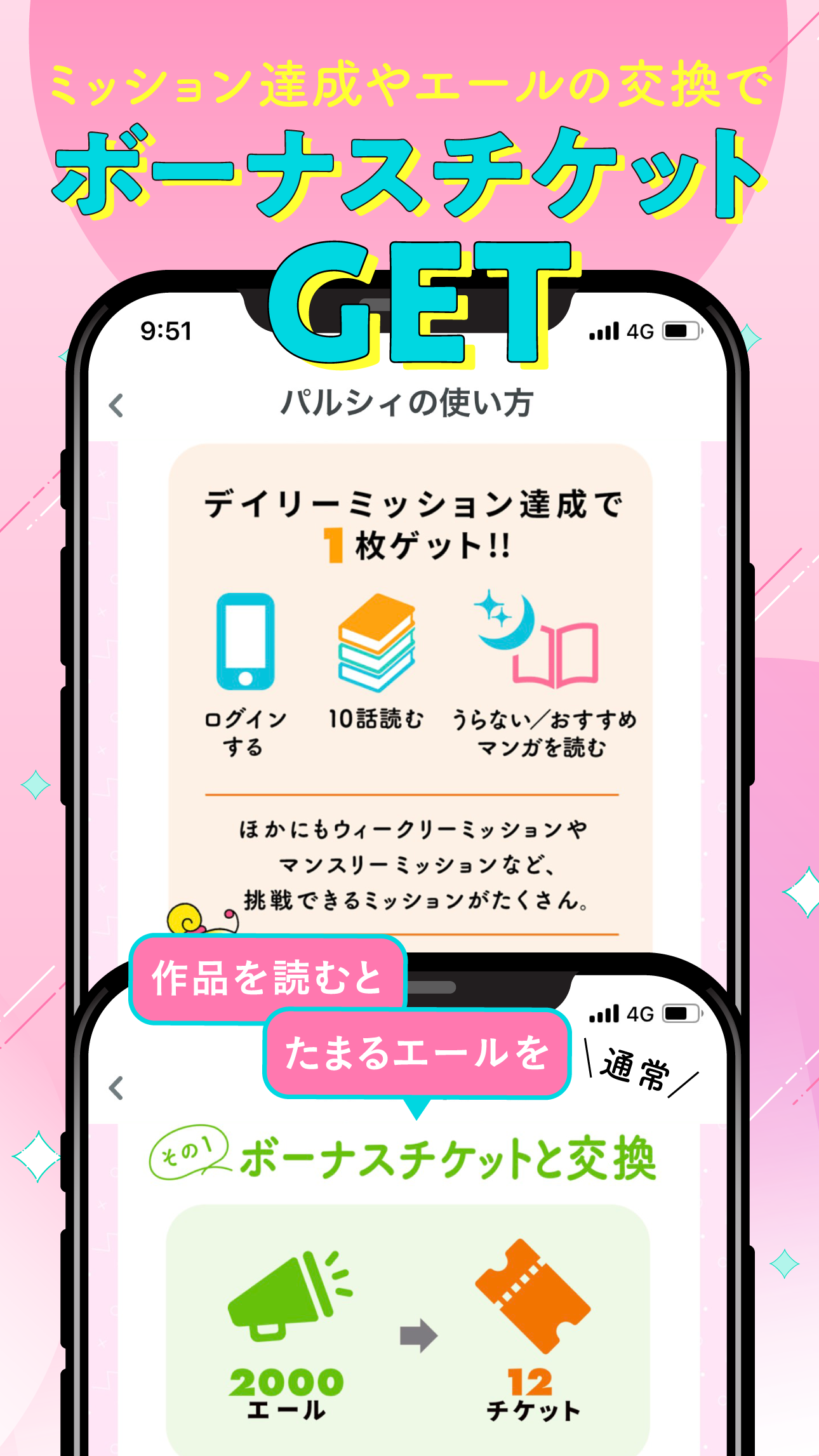 ミッション達成やエールの交換でボーナスチケットがもらえる仕組みを説明した公式イメージ。「ログインする」「10話読む」などのデイリーミッション画面と、2000エールを12チケットに交換できる画面が並んでいる