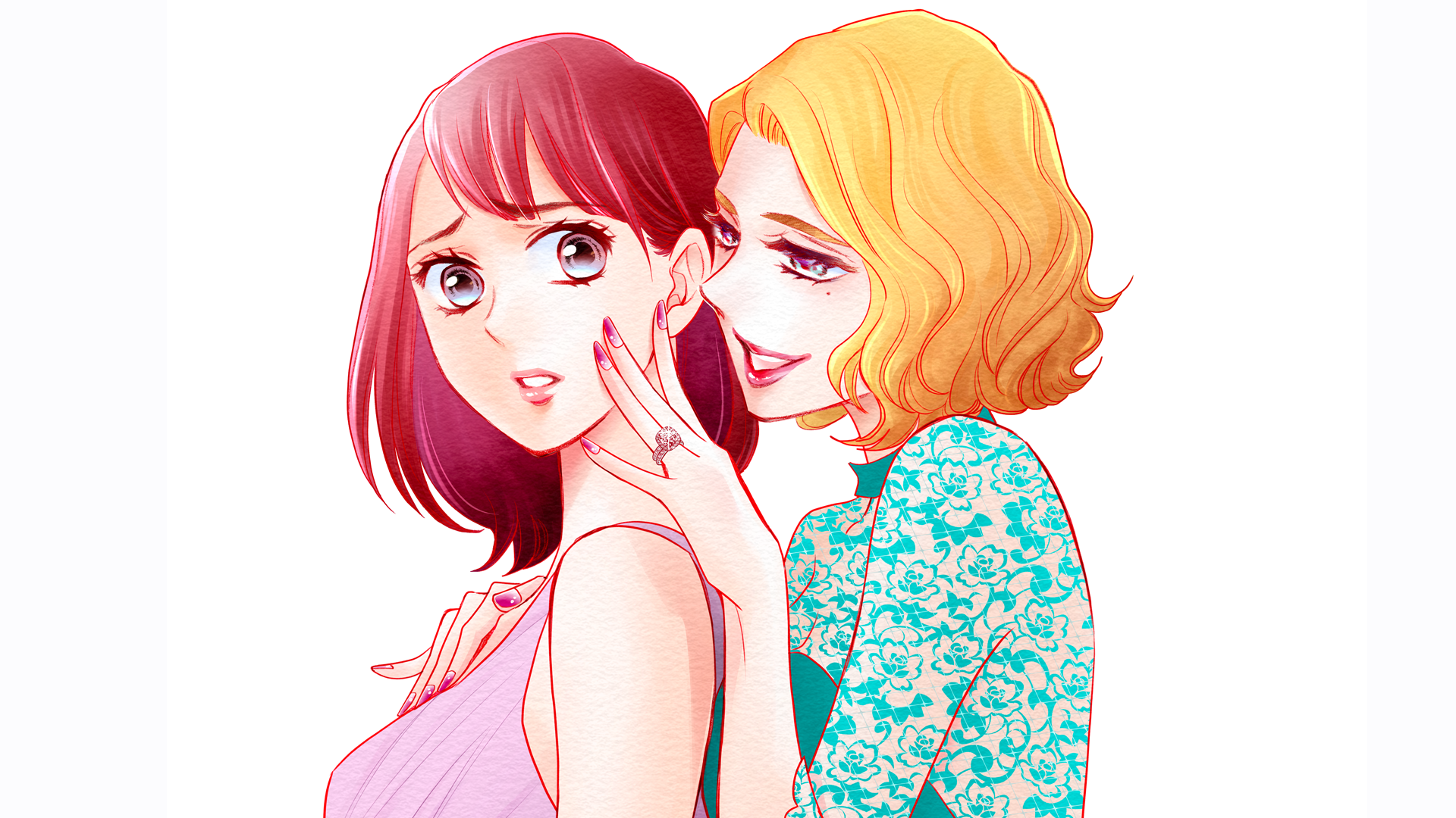 掲載作品のイラスト。赤みがかった髪をボブにした女性の頬に、金髪の女性が指輪をはめた手を添えて耳元でささやいている