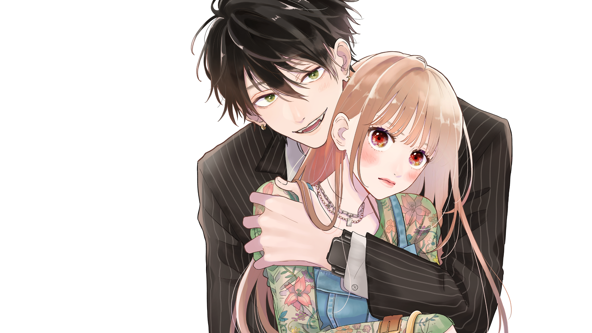 掲載作品のイラスト。ストライプのスーツを着た黒髪の男性が、花柄の服を着た明るい髪色の少女を背後から抱き寄せている